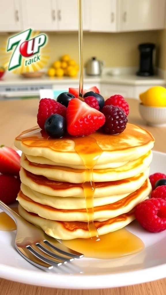 A stack of fluffy 7UP pancakes topped with syrup and fresh berries on a white plate.